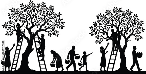 Family harvesting fruit from trees silhouette teamwork agriculture tradition community effort nature farming isolated white background illustration concept