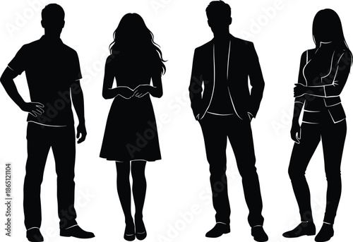 Group of men and women silhouettes standing together full body front view isolated white background teamwork lifestyle fashion concept