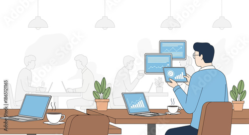 Man Working with Multiple Screens in a Modern Workspace.