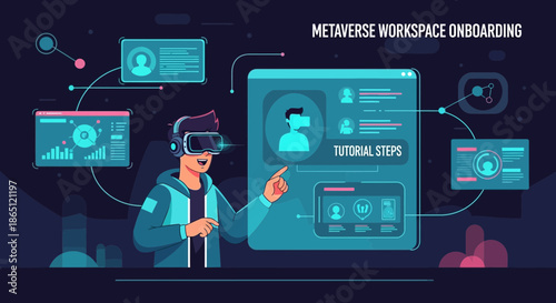 Metaverse Workspace Onboarding User Navigating Virtual Environment with VR Headset.