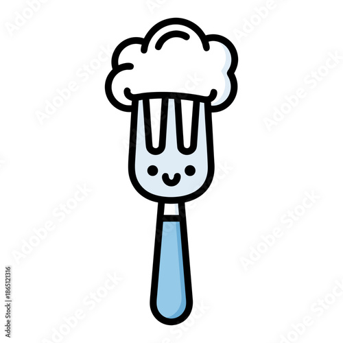Playful cartoon graphic of a smiling fork holding a fluffy cloud, a whimsical culinary doodle representing sweet treats and delightful mealtime fun