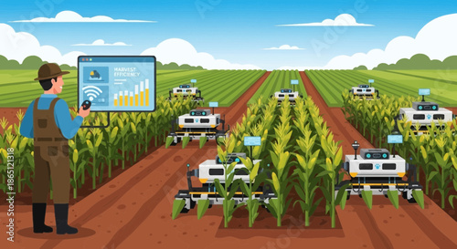 Precision Agriculture Farmer Monitoring Autonomous Robots in Corn Field.