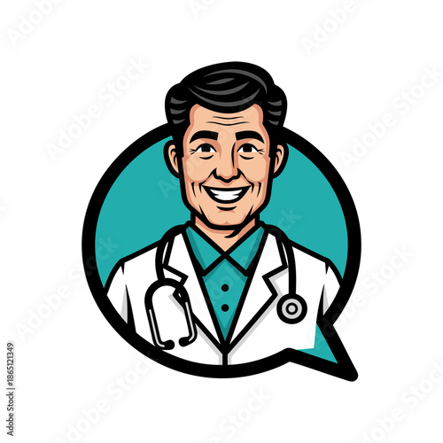 Approachable smiling doctor illustration within a speech bubble, perfect for telehealth, medical advice, and professional healthcare communication