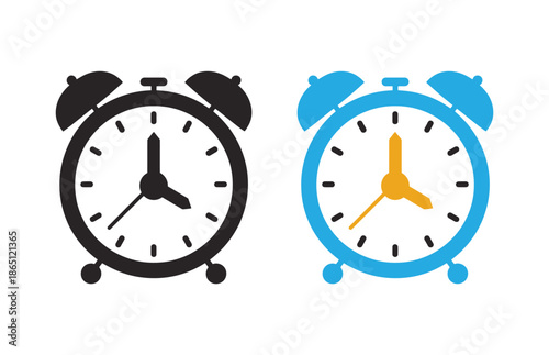 Two alarm clocks, one black and one blue, displayed against a white background from a straightforward viewpoint.