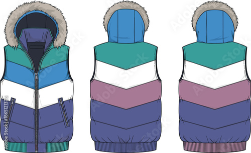 Winter padded vest design, sleeveless jacket front back views, insulated outerwear illustration, modern fashion apparel concept, hooded gilet clothing template, technical flat sketch