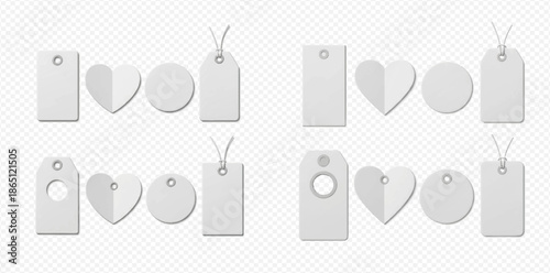 Set of white paper price tags and labels with strings, isolated on transparent background.
