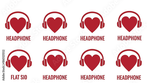 Red heart headphones icons set, music love symbols, for social media or website, isolated on transparent background, png