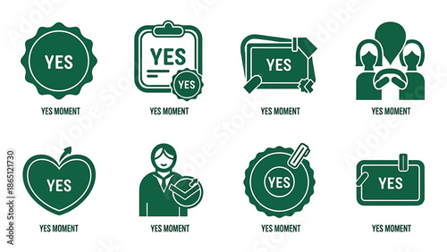 Collection of green yes icons with various shapes and designs.