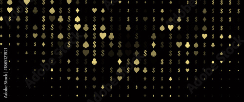Dark Black vector background with cards signs. Glitter abstract sketch with isolated symbols of playing cards. Smart design for your business advert of casinos.