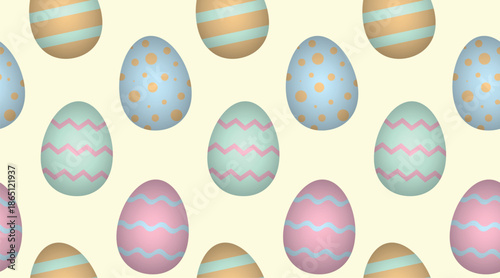 Pattern with the image of Easter eggs decorated with geometric patterns, wave, zigzag, circle, dash. Easter eggs are placed on a yellow background and are made in pastel colors.