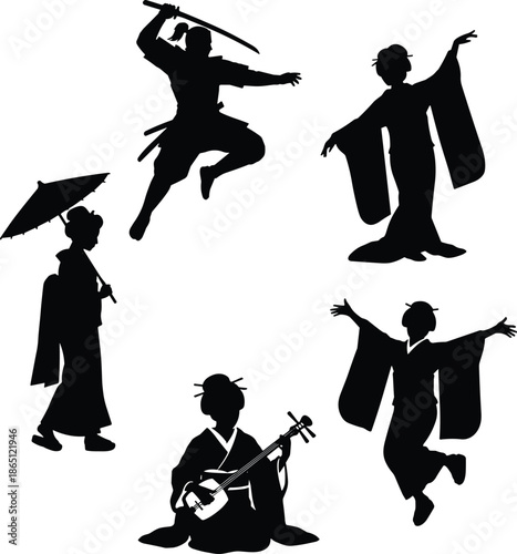 Traditional Japanese cultural silhouette set with samurai geisha dancer musician poses isolated white background heritage performance concept illustration