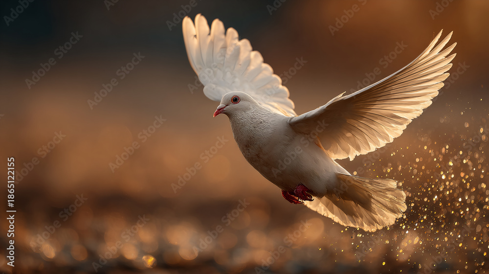 Obraz premium Dove in flight with soft sunset background. Peace concept.