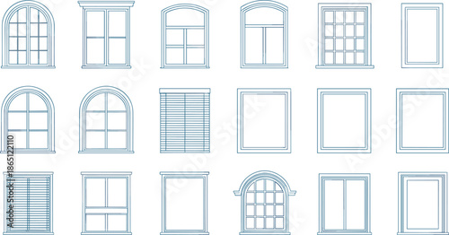Window frame vector set featuring architectural window styles shutters arched square facades and building exterior elements