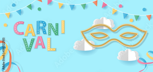 Carnival card or banner with streamers, gold carnival mask and hanging flag garlands