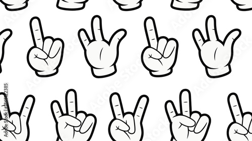 Collection of cartoon hands in white gloves displaying various gestures like pointing, peace sign, and rock-and-roll signs in a repeating graphic background.