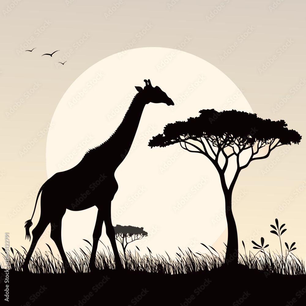 Fototapeta premium Giraffe Silhouette Vector Minimalist Black Resting Neck Peaceful Icon
