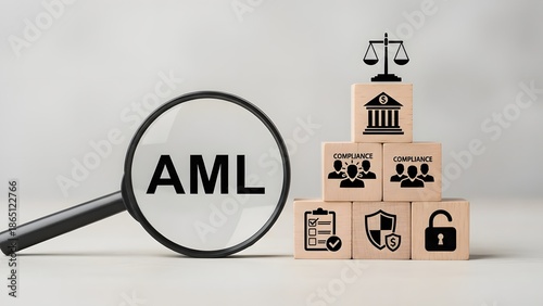 Anti money laundering aml concept with magnifying glass and blocks