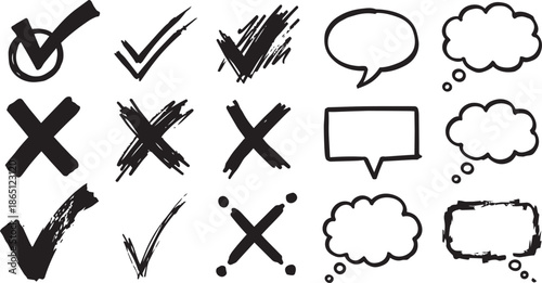 Set of hand-drawn doodle check marks, cross signs, and speech bubbles. Vector sketch voting symbols and chat balloons isolated on white.