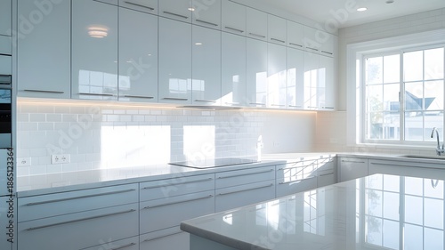 Modern kitchen with white cabinets and large window