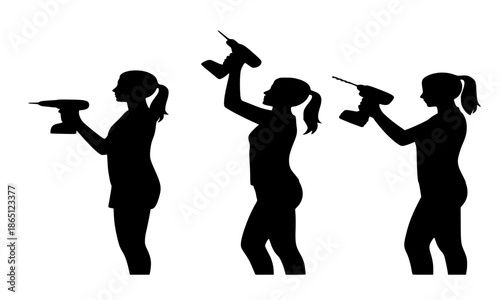Female silhouettes using power drill in different positions, woman handyman or contractor working with electric drill, home improvement and DIY construction concept isolated on white background