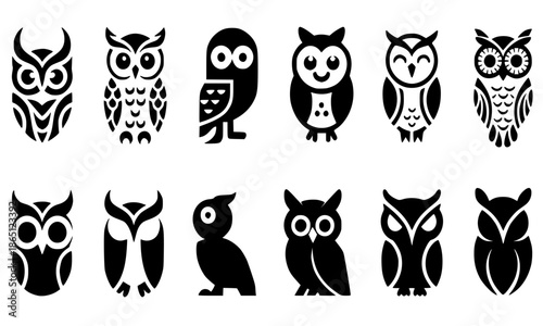 Set of owl icons and silhouettes, black and white vector bird illustrations in various styles from cute cartoon to tribal and minimalist, nocturnal wildlife symbols isolated on white background