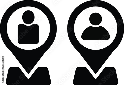 Location pin with person icon. User position symbols. Map pointer with avatar graphic design. Current Location Icons. Man inside map pin symbol
