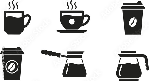 Black coffee cups and brewing equipment silhouette on transparent background