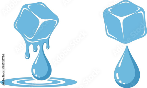 Two blue ice cubes with melting drips a refreshing silhouette on transparent background