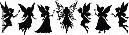 Black silhouette illustration of six fairies with wands and wings in magical poses, ideal for fantasy, whimsy, or storytelling visuals.Web