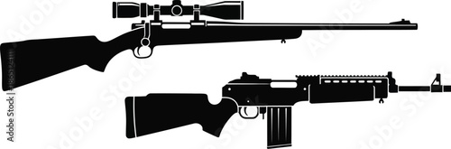 Black rifle and submachine gun illustration on transparent background silhouette