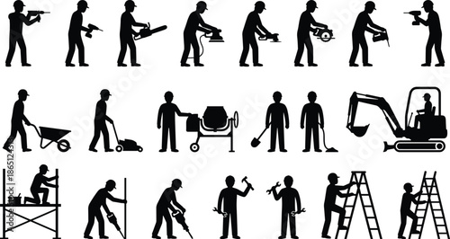 Construction worker silhouette collection showing builders using tools machinery industrial labor activities isolated black figures on white background set