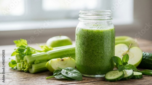 A vibrant green smoothie, a...