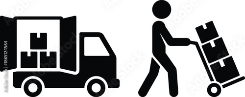 Delivery worker silhouette unloading boxes from cargo truck using hand trolley logistics transportation service isolated black icon illustration