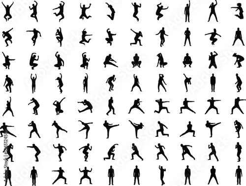 Action sport silhouette collection showing jumping running fighting dancing dynamic movements isolated black human figures on white background mega set