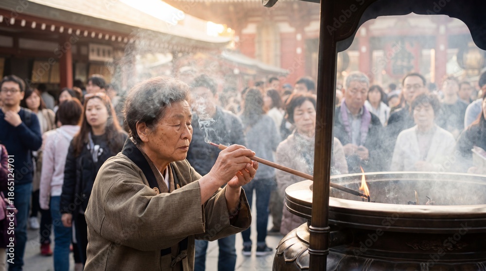 Obraz premium An elderly woman delicately tending to a traditional incense ceremony amidst a crowd of onlookers, capturing the serenity of the moment.