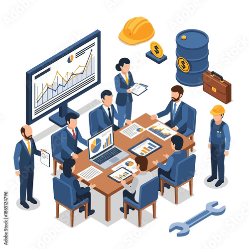 Isometric illustration of a business meeting with executives discussing financial data and industrial assets, symbolizing corporate strategy and economic planning.