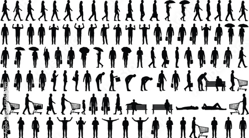 People silhouette mega collection showing walking standing sitting shopping umbrella gestures daily activities isolated black human figures on white background set