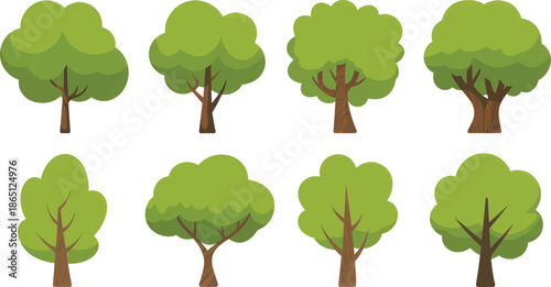 Eight stylized green deciduous trees showcase full summer foliage with rounded canopies and brown trunks presented on a white canvas.
