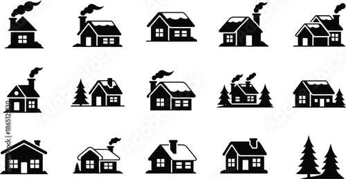 Collection of charming black house icons with smoke ideal for design on transparent background silhouette