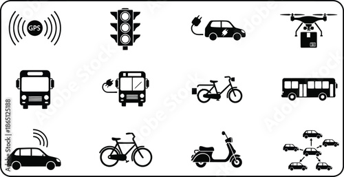 Modern transportation icons set featuring vehicles signals and drones on transparent background silhouette