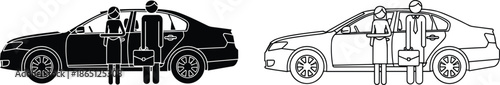 Business people standing beside car illustration showing solid and outline corporate travel, commuting and professional transportation concept vector isolatedWeb