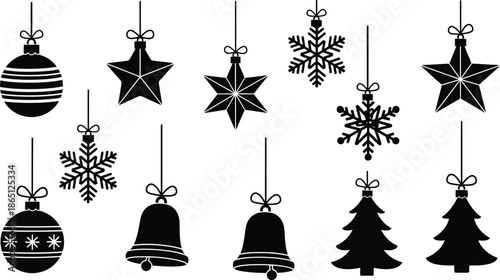 Black christmas ornaments and shapes hanging ideal for festive design on transparent background silhouette