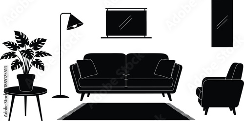 Minimalist living room furniture arrangement with plant on transparent background silhouette