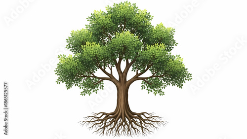 Green Tree with Roots Isolated on White Background, Nature Illustration