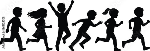   
Black silhouette of six energetic children running and playing, ideal for childhood, activity, joy, or outdoor movement themes.Web