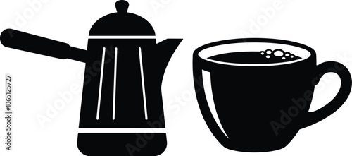 Coffee maker and cup silhouette illustration showing espresso pot and hot beverage mug icons, cafe drink preparation concept vector isolated