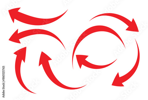 Red arrows swirling in circular motion against a white background, illustrating dynamic movement and fluidity, viewed from a straightforward perspective.