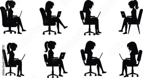 Diverse people working on laptops in office chairs a digital silhouette on transparent background