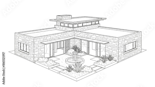 High-Quality Black Continuous Line Art of Courtyard House Designed for Passive Cooling in Hot Climates