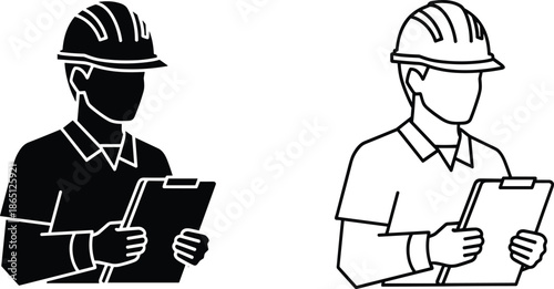 Construction worker holding clipboard illustration showing solid and outline engineer icons, site inspection, safety documentation and industrial management concept vectorWeb